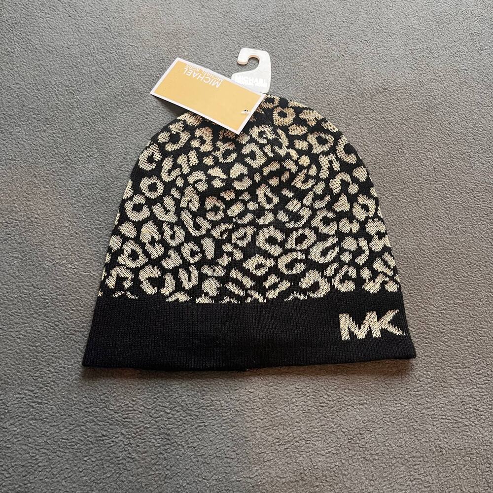 NWT Michael Kors Beanie Womens Black Gold Metallic Leopard Hat Outdoor Winter